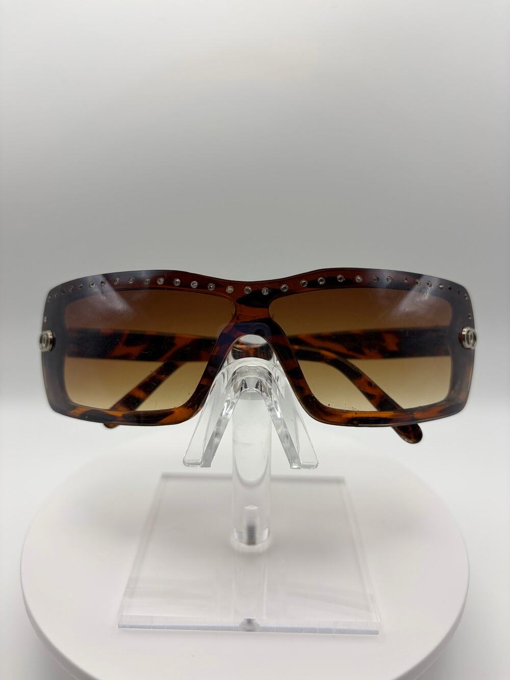 Y2K Brown Tortoise Studded Rectangle Shield Sunglasses